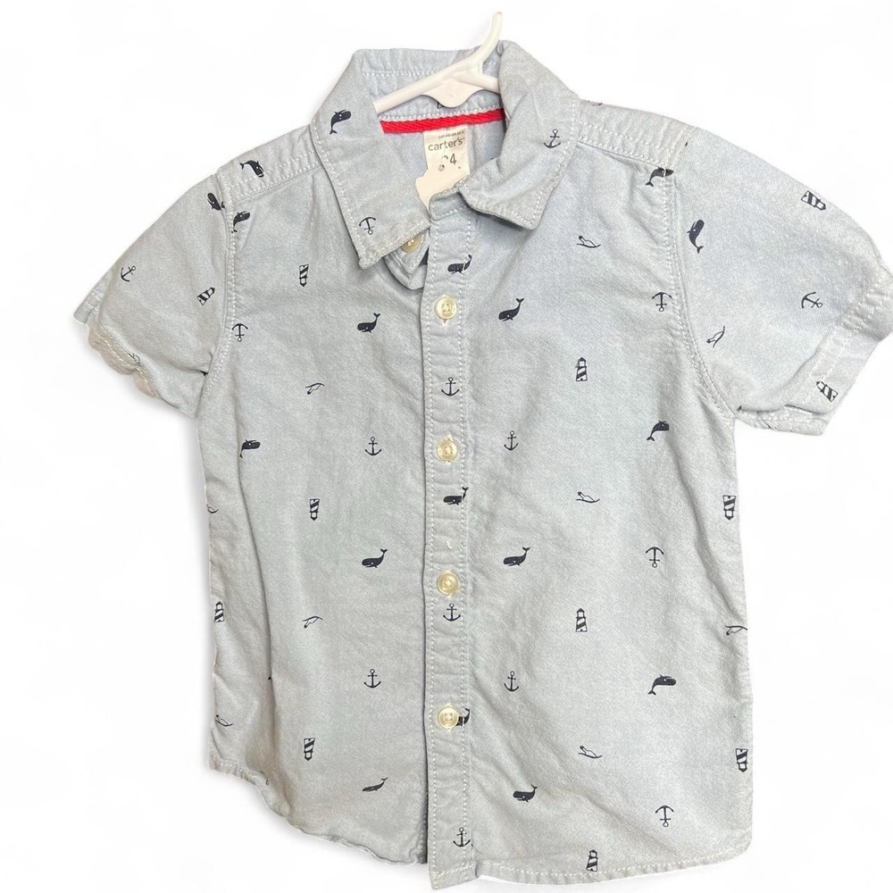 Carters Toddler Boy Nautical Chambray Short Sleeve Whale Anchor Button Shirt 24M